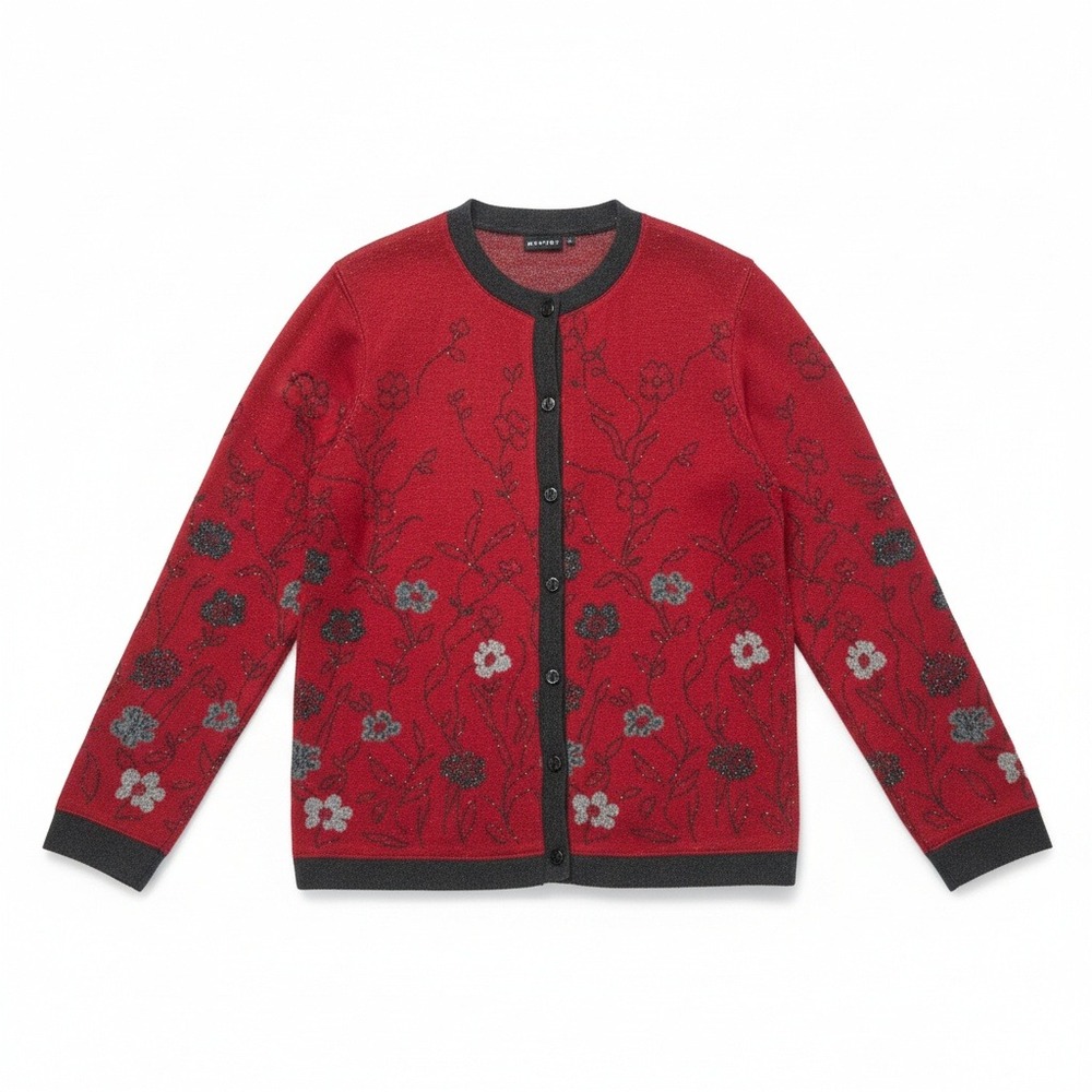 George‎ Red Floral Metallic Knit Button Front Cardigan, Woman's Small Sweater